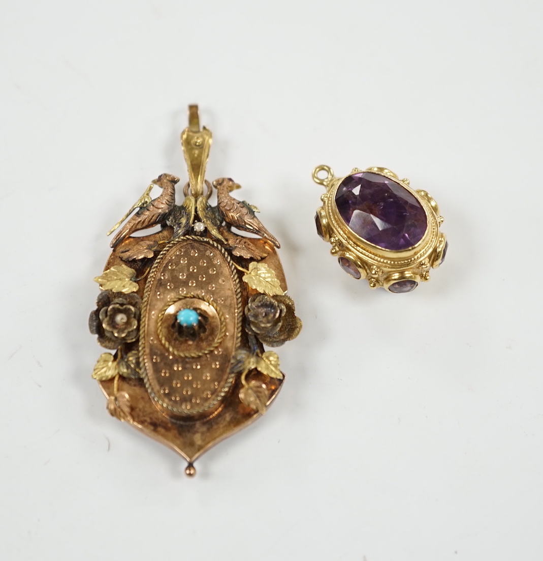A Victorian three colour yellow metal, turquoise and seed pearl set pendant, decorated with birds and foliage, with glazed back, overall 65mm, together with a yellow metal and eight stone amethyst set charm.